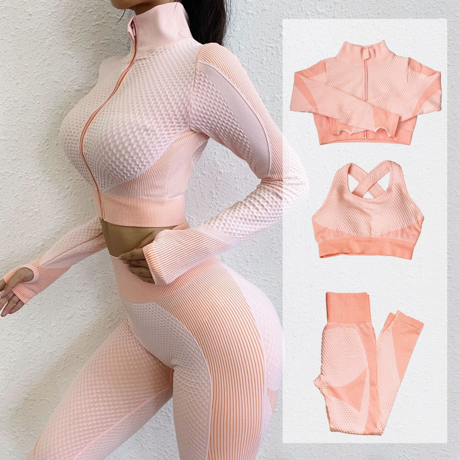 Fitness Suit 3pcs Set Long Sleeve Shirt+Sport Bra +Seamless Leggings