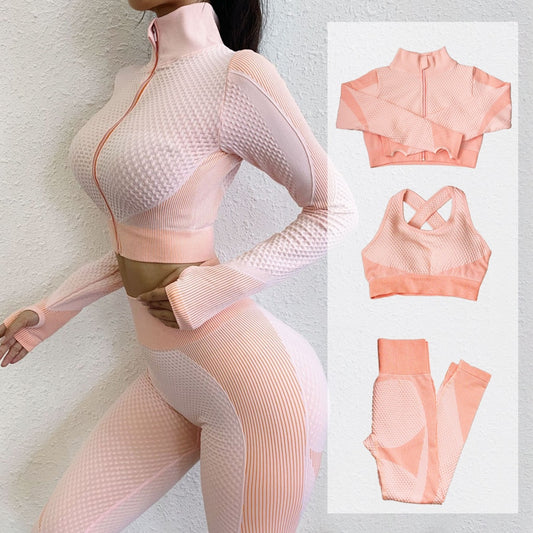 Fitness Suit 3pcs Set Long Sleeve Shirt+Sport Bra +Seamless Leggings