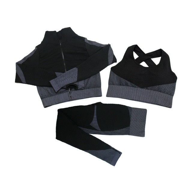 Fitness Suit 3pcs Set Long Sleeve Shirt+Sport Bra +Seamless Leggings