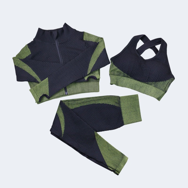 Fitness Suit 3pcs Set Long Sleeve Shirt+Sport Bra +Seamless Leggings