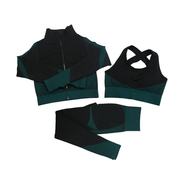 Fitness Suit 3pcs Set Long Sleeve Shirt+Sport Bra +Seamless Leggings