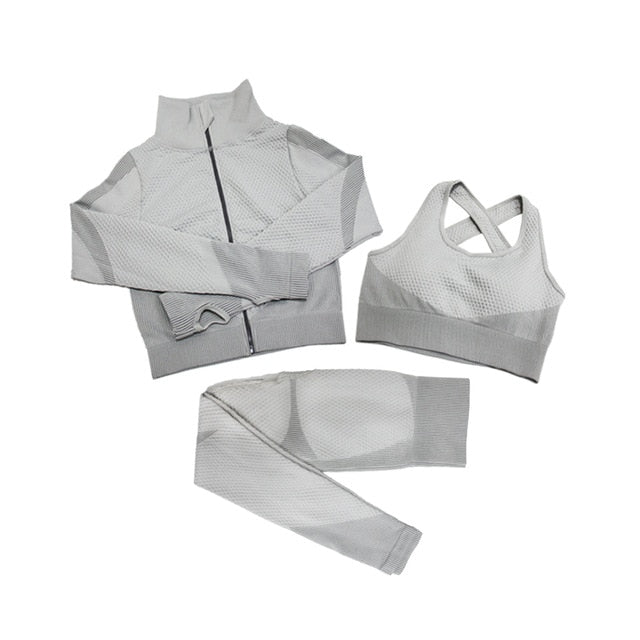 Fitness Suit 3pcs Set Long Sleeve Shirt+Sport Bra +Seamless Leggings