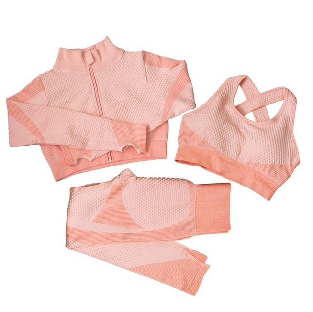 Fitness Suit 3pcs Set Long Sleeve Shirt+Sport Bra +Seamless Leggings