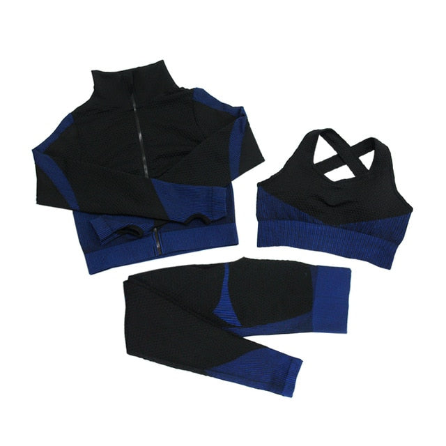 Fitness Suit 3pcs Set Long Sleeve Shirt+Sport Bra +Seamless Leggings