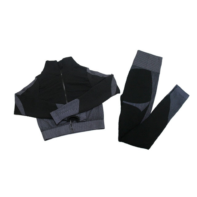 Fitness Suit 3pcs Set Long Sleeve Shirt+Sport Bra +Seamless Leggings